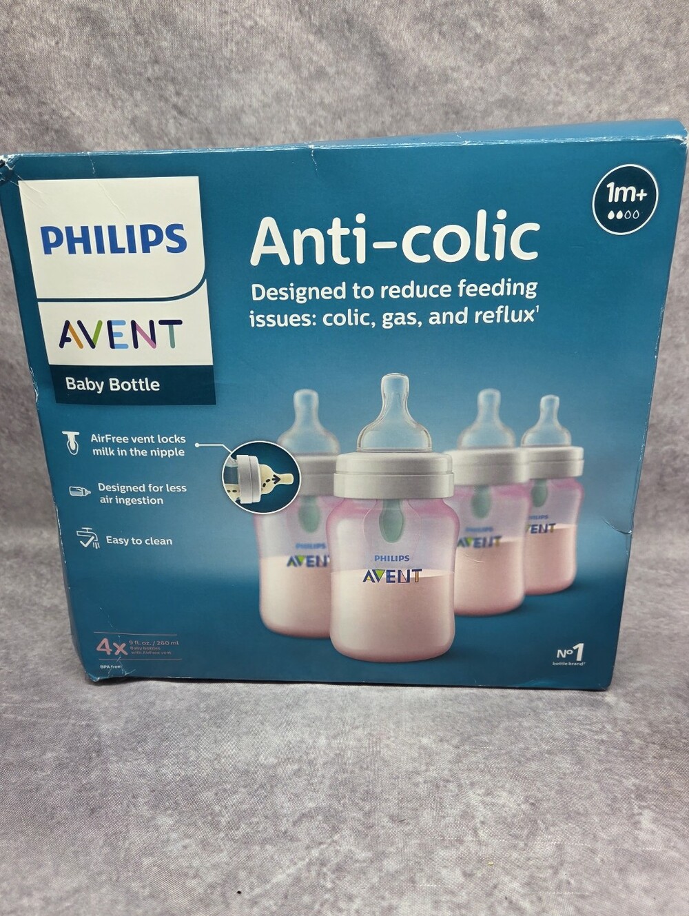 Anti-Colic Baby Bottle with AirFree Vent Medium Flow 2 Nipple 1m 9oz 4 Pack Pink